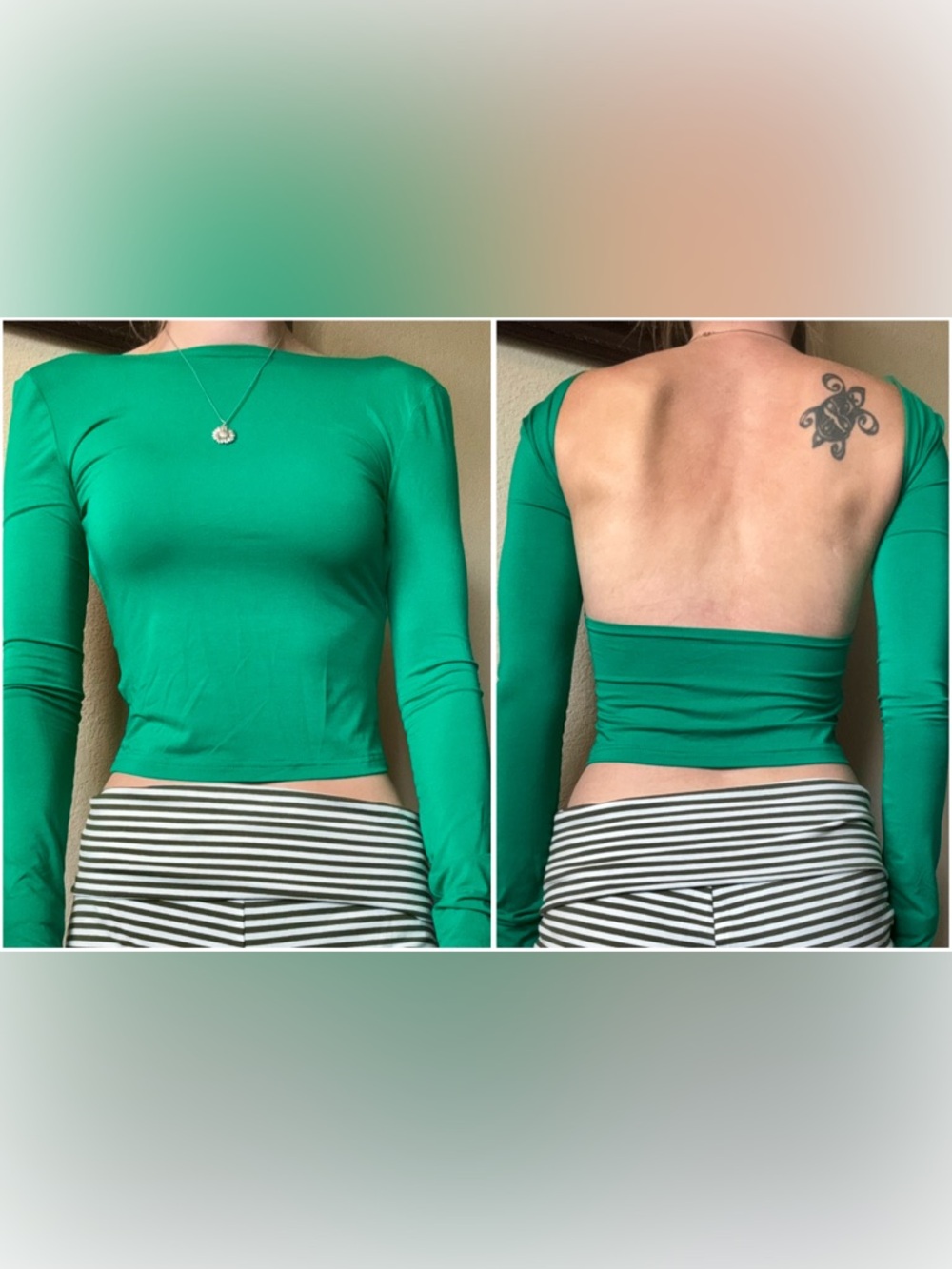 Long Sleeve Backless Tee Shirt Top S Green